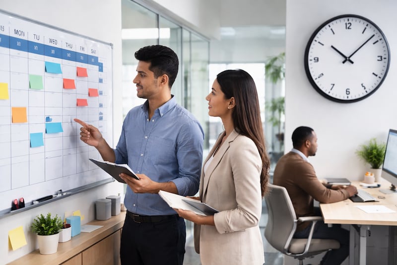 Trabajadores revisando el cronograma de la semana