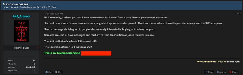 Publicación de 2023 donde el mismo usuario presume tener información de dependencias de gobierno de México y de una aseguradora.