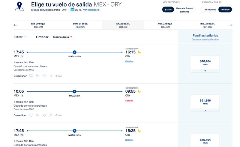 Lista de precios de vuelo sencillo del AICM al Aeropuerto de Orly en Aeroméxico.