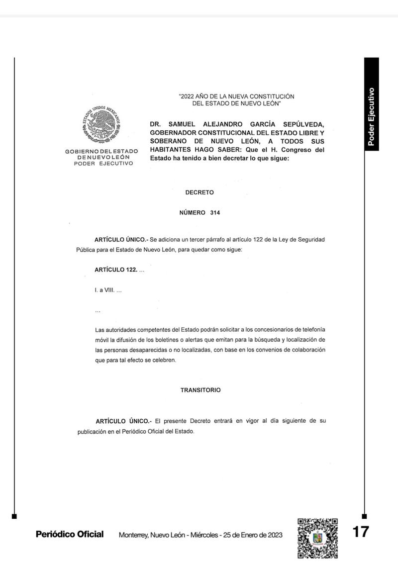 Esta es la hoja uno del decreto publicado.