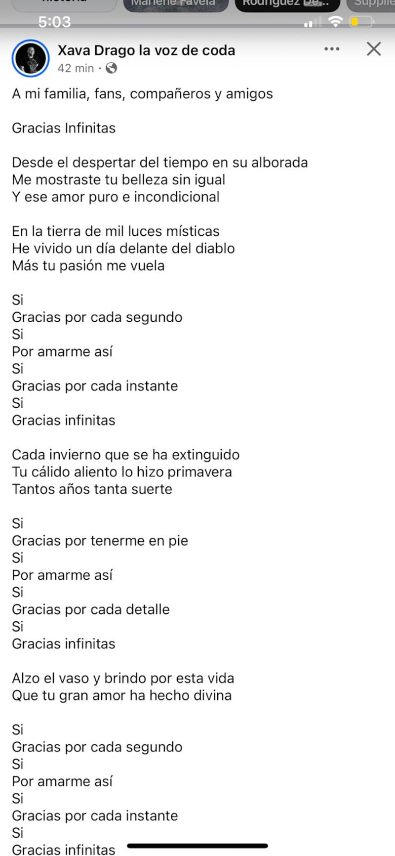 Último mensaje que Xava Drago compartió antes de morir