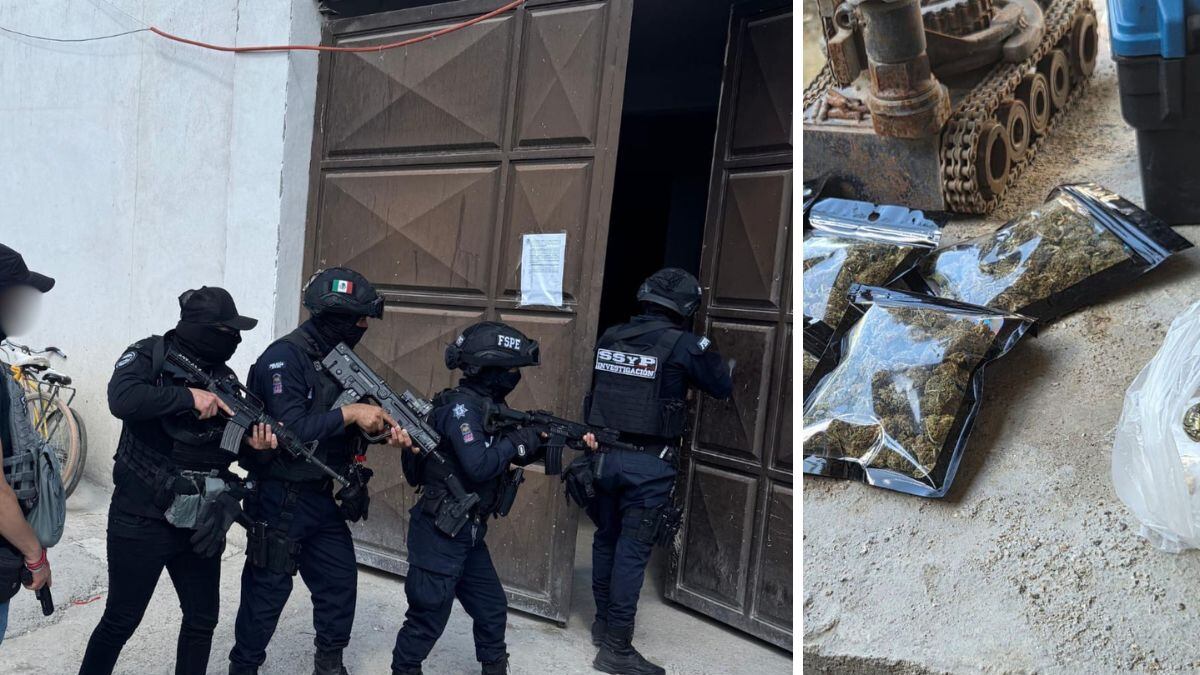 Autoridades estatales y federales aseguraron un inmueble con droga, armas, cámaras y vehículos, tras operativo en León.