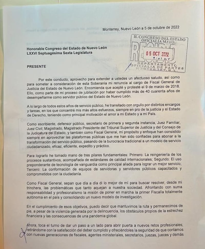 Este es el documento enviado por Guerrero al Congreso de NL.