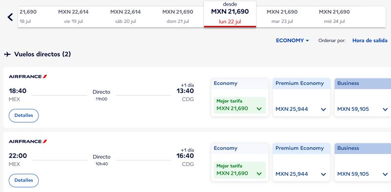 Lista de precios del AICM al Aeropuerto Charles de Gaulle del 22 al 24 de julio.
