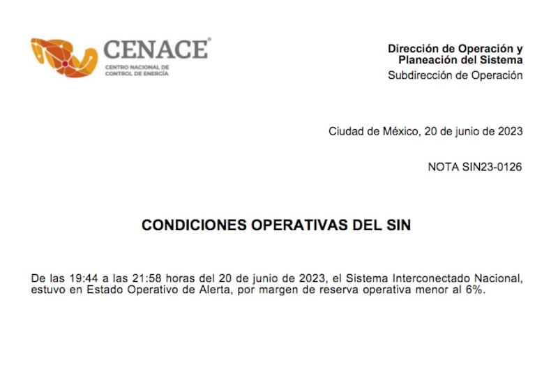 Capacidad y consumo del suministro eléctrico nacional (Cenace)