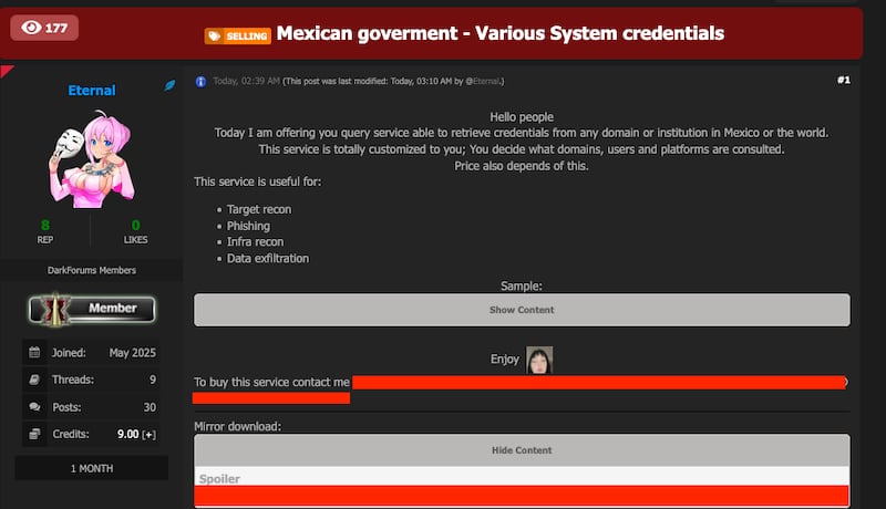 El hacker Eternal ofrece un servicio personalizado para vulnerar cualquier sistema del gobierno mexicano, según sus publicaciones recientes.