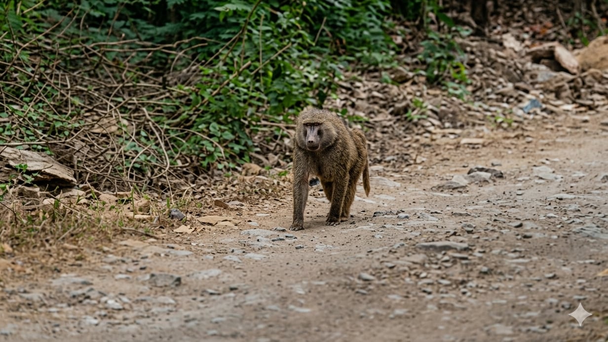 El mono fue captado en un camino de terracería y también trepando por la barda de una casa.