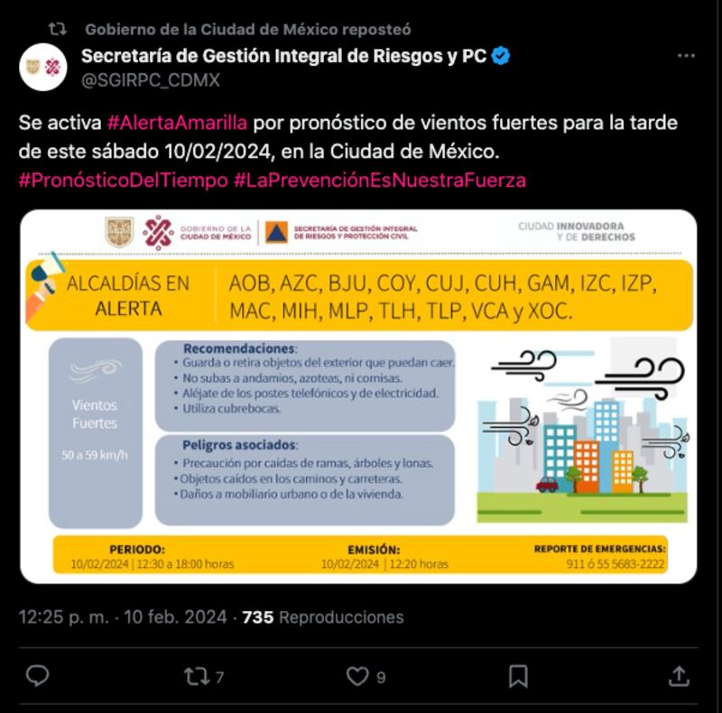 Activan Alerta Amarilla por fuertes vientos en CDMX el sábado 10 de febrero