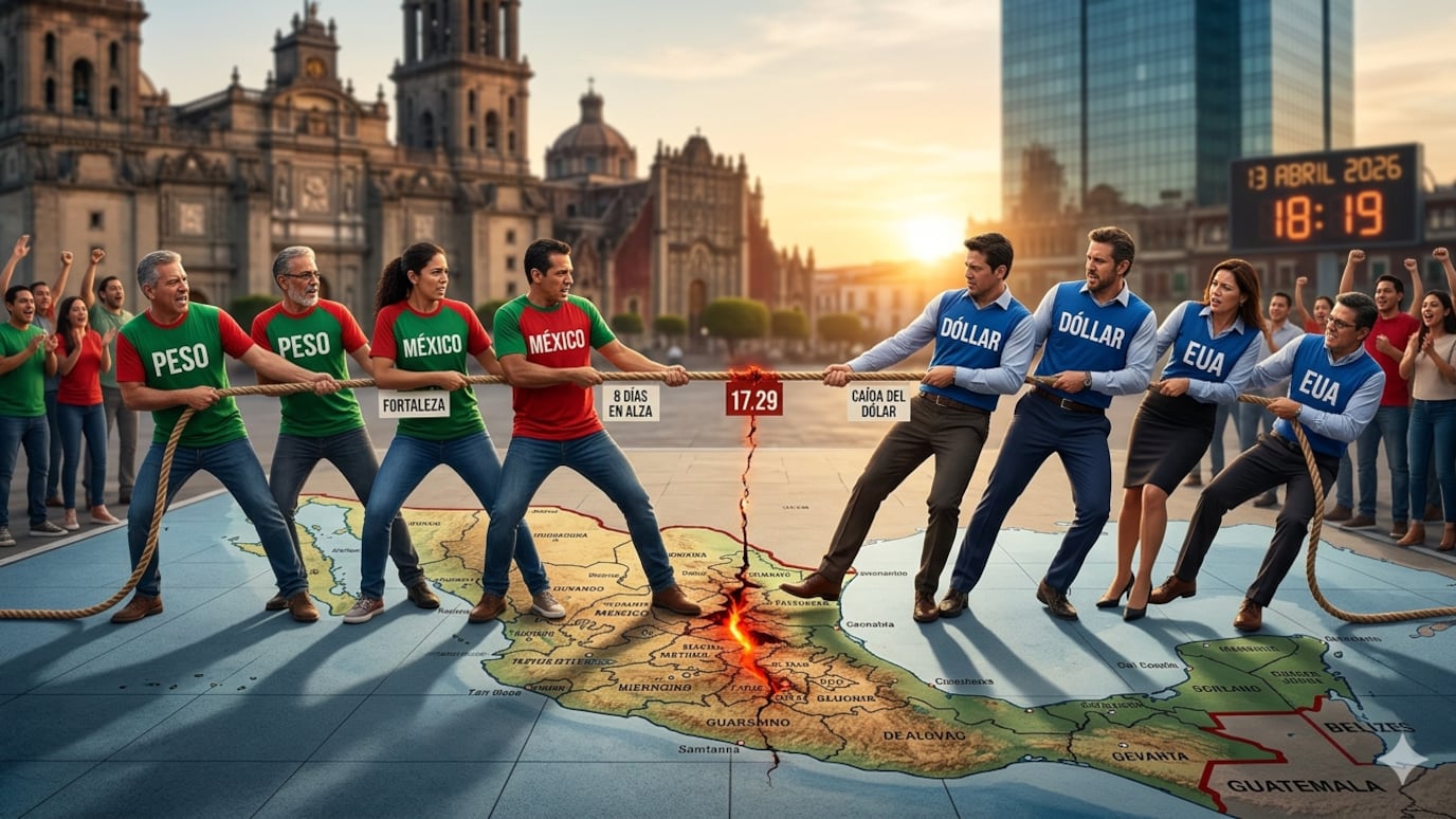 El peso acumula ocho sesiones al alza y el dólar pierde 4.58%, impulsado por menor nerviosismo en mercados globales.