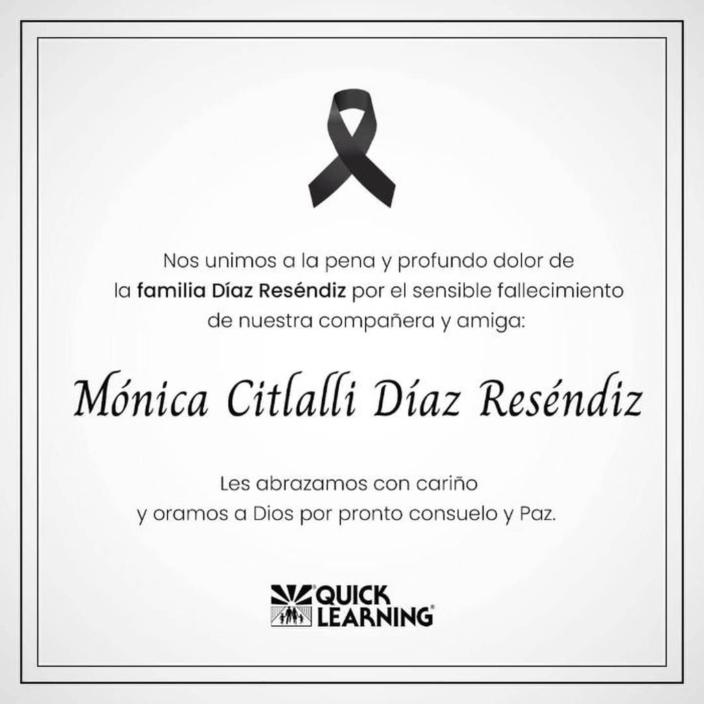 Esquela compartida por la escuela donde laboraba Mónica Citlalli, maestra desaparecida en Ecatepec y encontrada muerta en la carretera México-Cuernavaca.