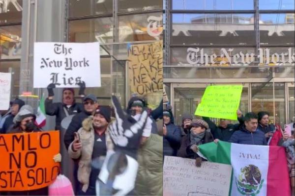 Mexicanos pro-AMLO en EU protestan afuera del NYT por reportaje que lo vincula con el narco