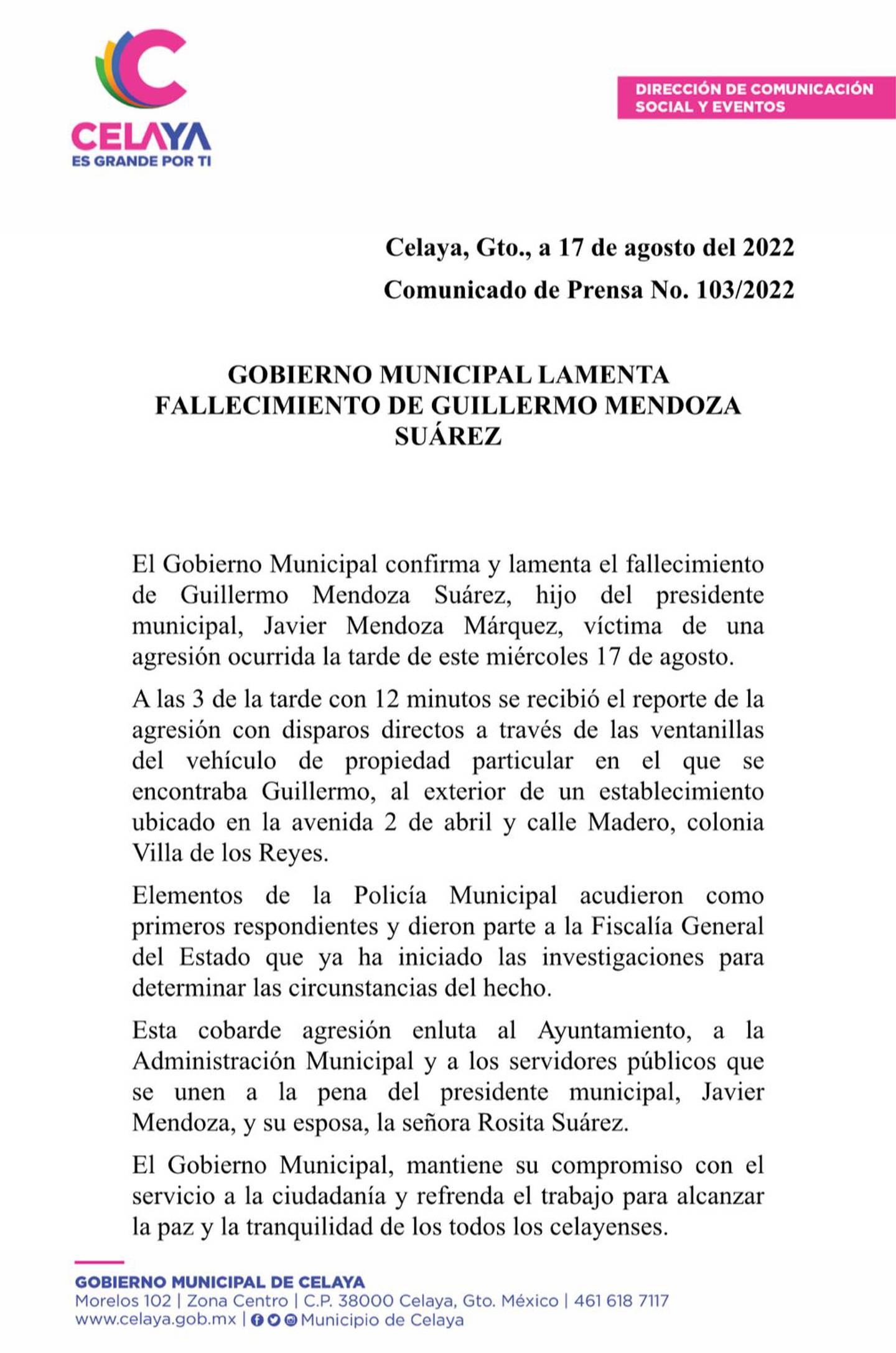 Comunicado Gobierno Celaya, Guanajuato