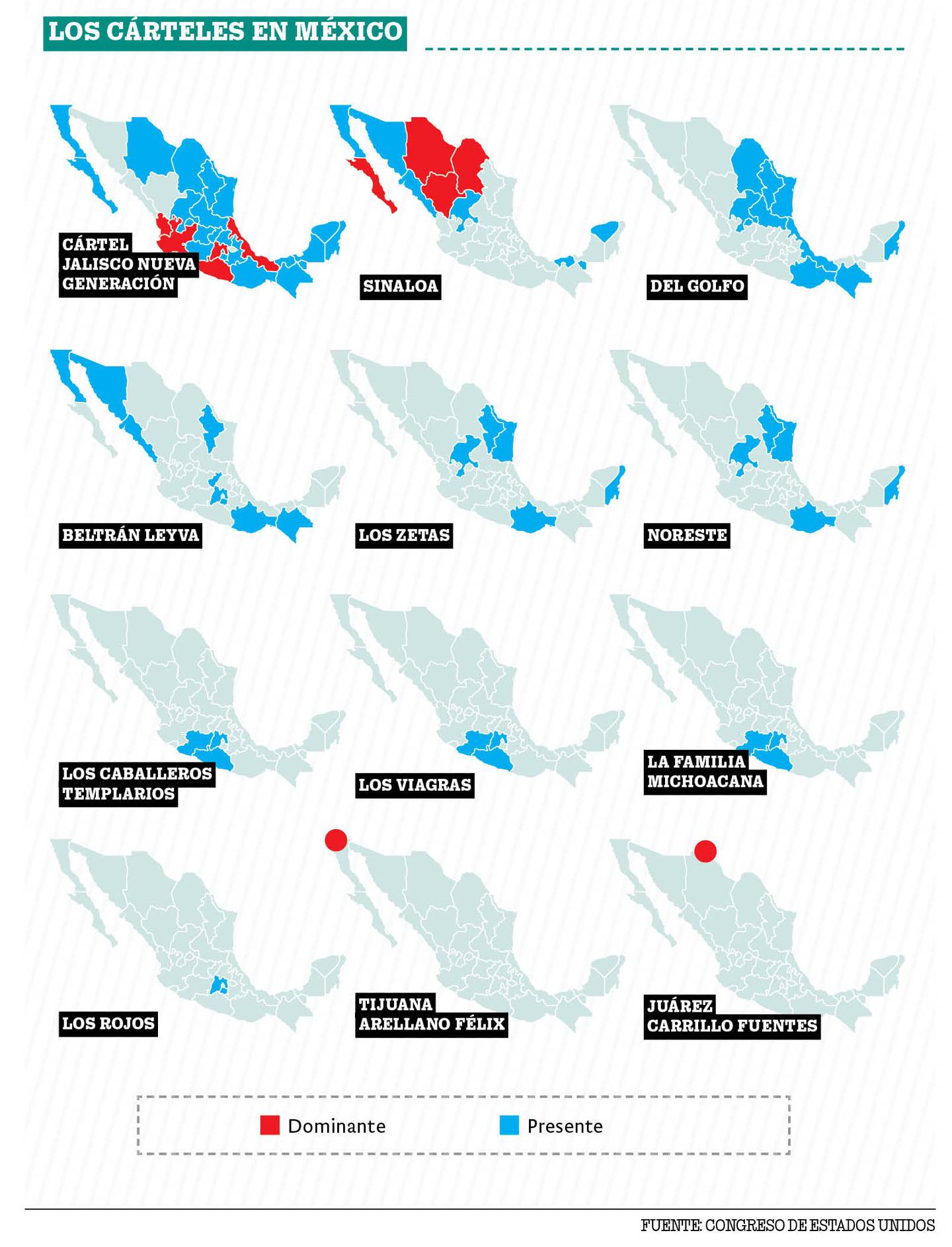 Estados en los que operan los cárteles de la droga en México.