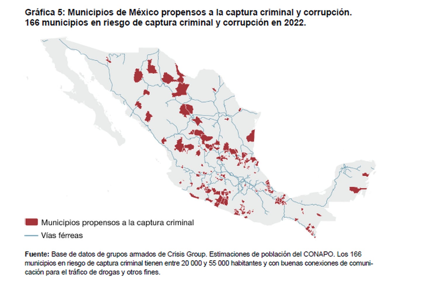 Municipios de México propensos a la captura criminal y corrupción. 166 municipios en riesgo de captura criminal y corrupción en 2022.